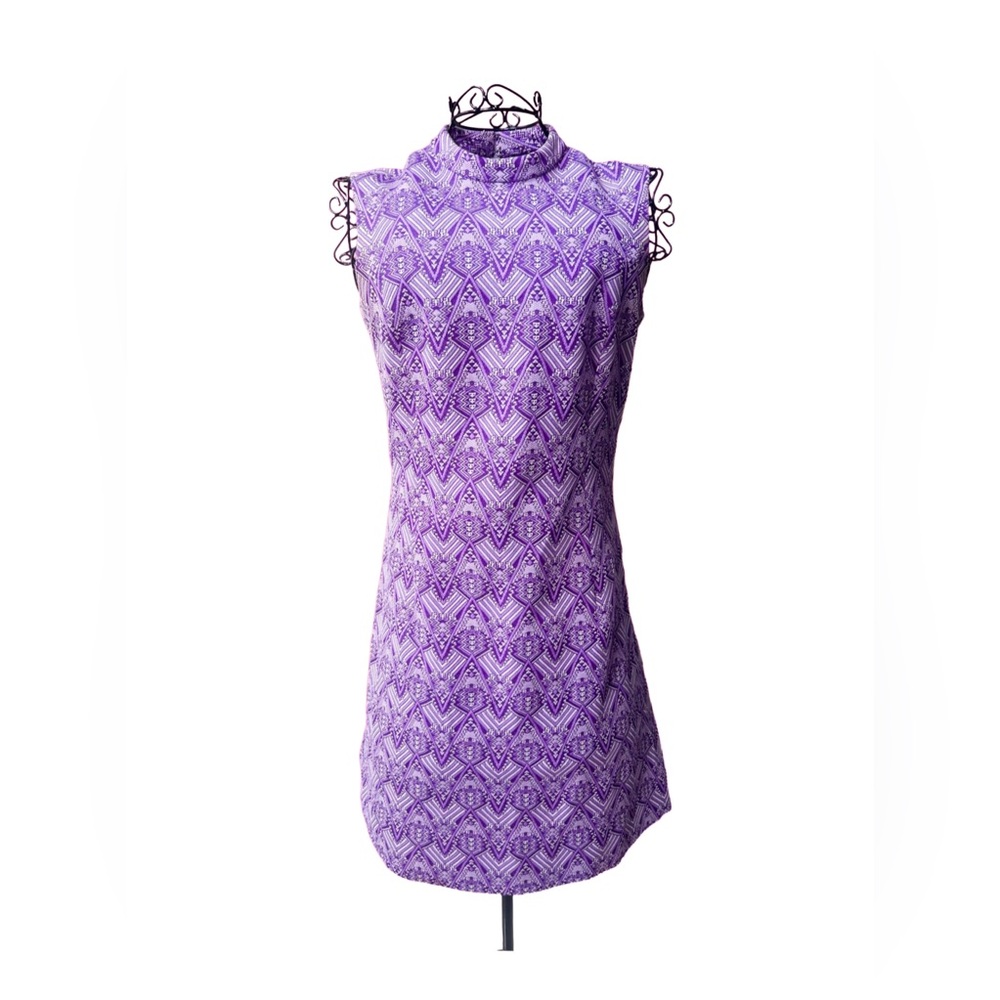 Vintage 60s Handmade Purple Mod Mini Dress Sleeveless High Neck Geometric Print